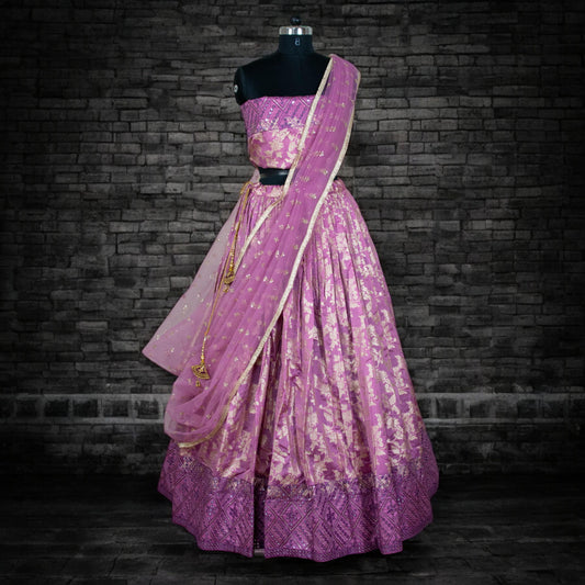 Pink Banarasi Lehenga Choli With Dupatta,Indian Wedding Outfit, Embroidered BorderUnstitched Blouse