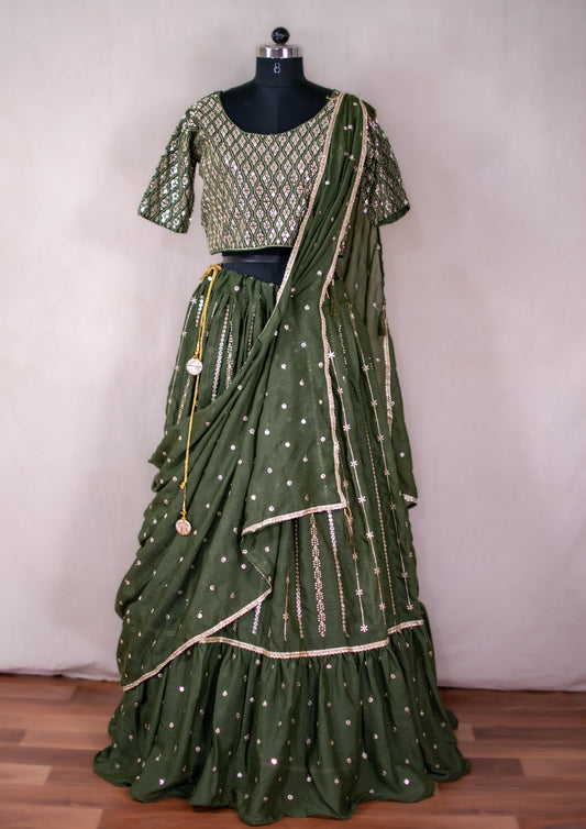 Olive Green Mirror Work Lehenga with Sequin