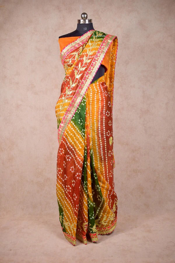 Taffeta Silk Bandhani Saree with Gota Work