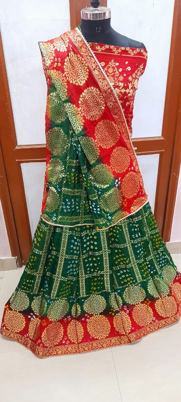 Rajasthani Bandhej Ghatchola Lehenga with Silk Dupatta - Zari Checks, Unstitched Blouse