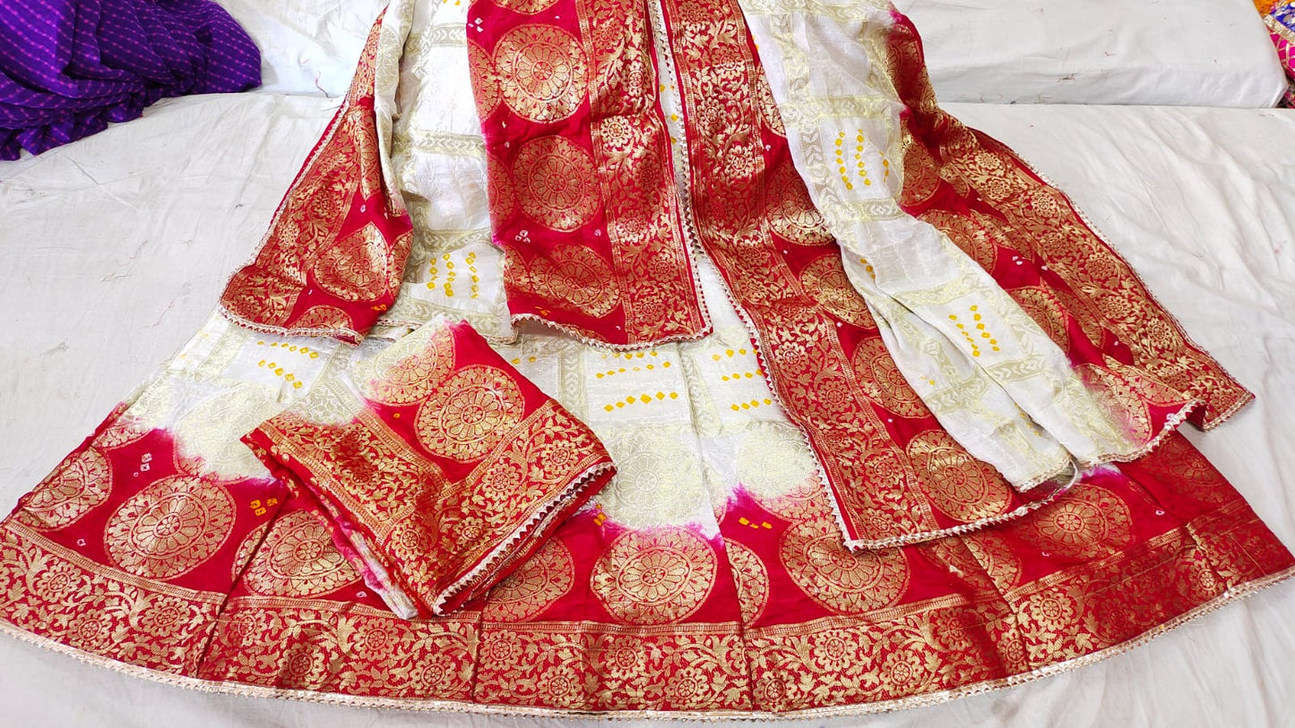 Rajasthani Bandhej Ghatchola Lehenga with Silk Dupatta - Zari Checks, Unstitched Blouse