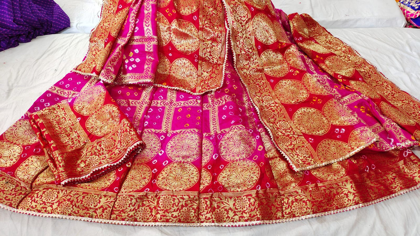 Rajasthani Bandhej Ghatchola Lehenga with Silk Dupatta - Zari Checks, Unstitched Blouse