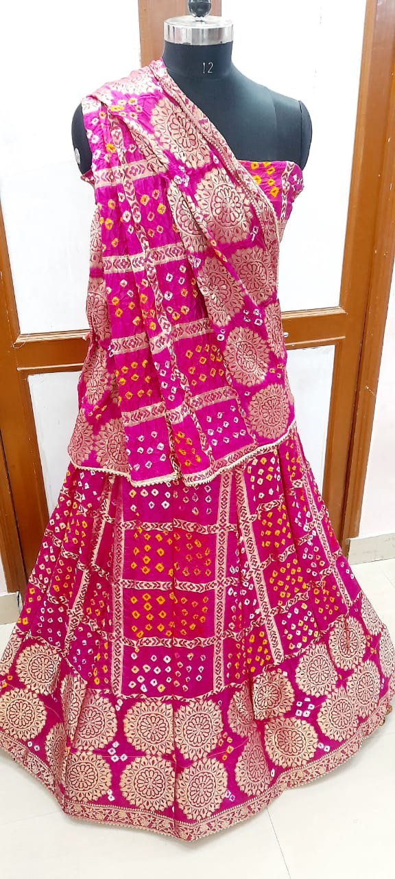 Rajasthani Bandhej Ghatchola Lehenga with Silk Dupatta - Zari Checks, Unstitched Blouse
