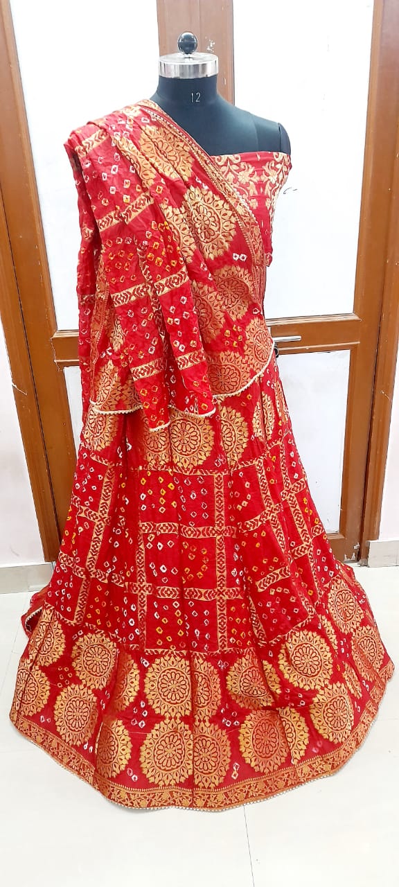 Rajasthani Bandhej Ghatchola Lehenga with Silk Dupatta - Zari Checks, Unstitched Blouse