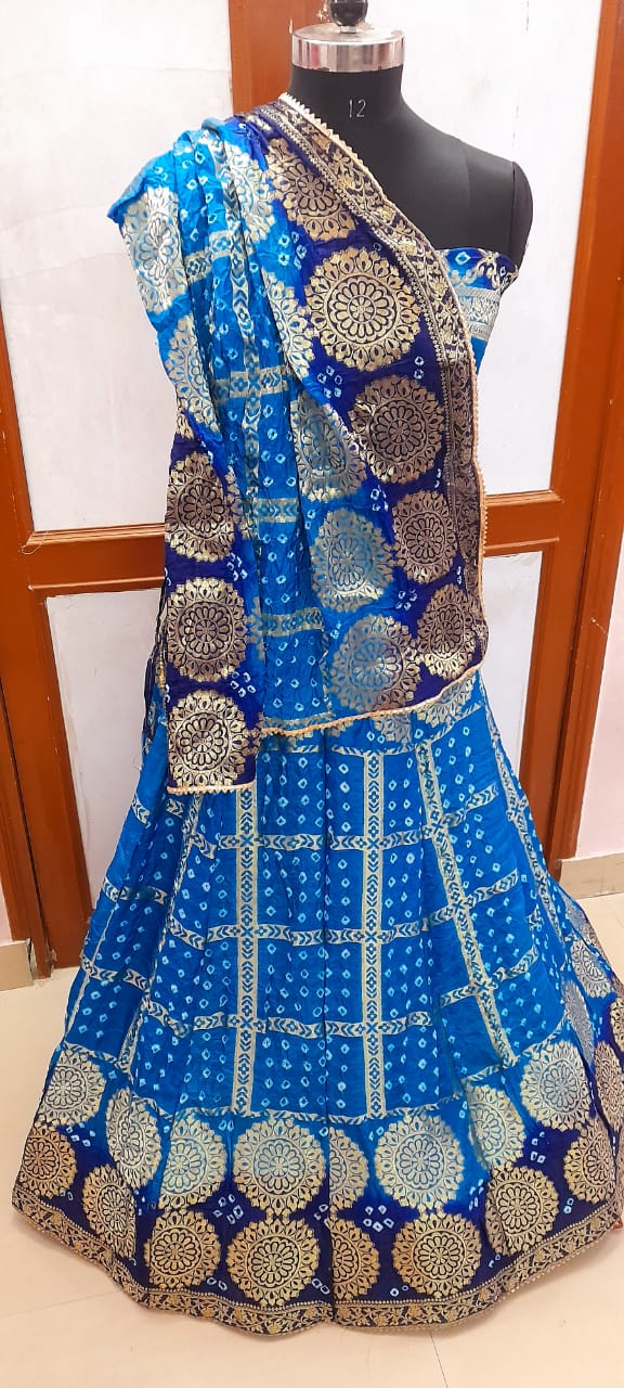 Rajasthani Bandhej Ghatchola Lehenga with Silk Dupatta - Zari Checks, Unstitched Blouse