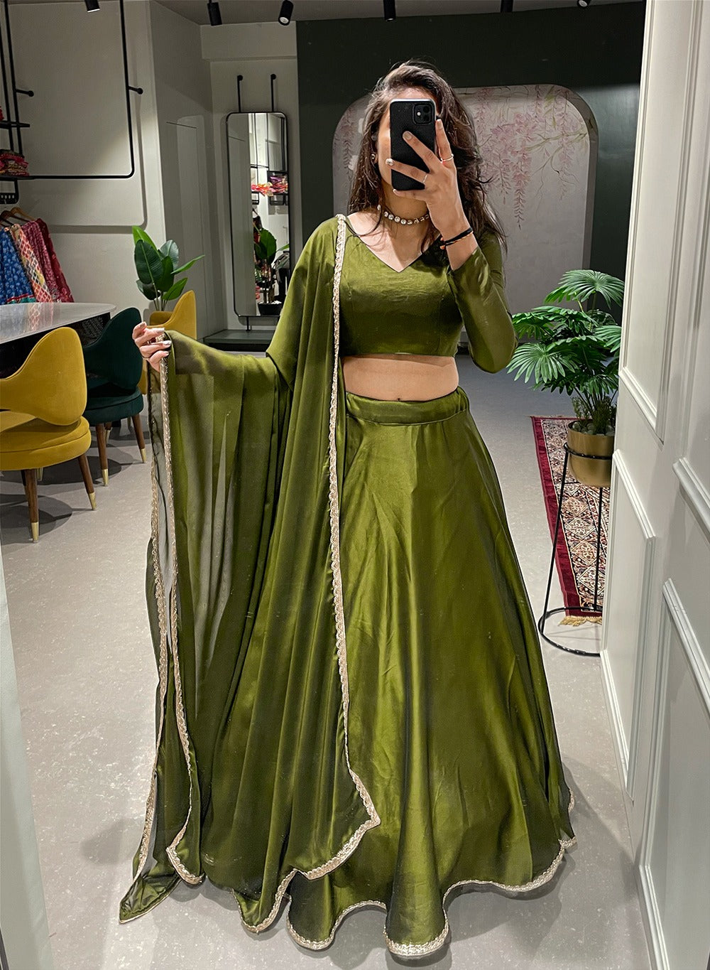 Green Rangoli Silk Lehenga Choli for Mehandi - KANHASAREE