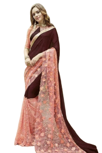 Net and Georgette Saree with 3D Flowers - KANHASAREE
