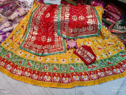 Patola Print Lehenga Choli Dupatta Set in Dola Silk with Gota Patti Work - Kanhasarees by ksds