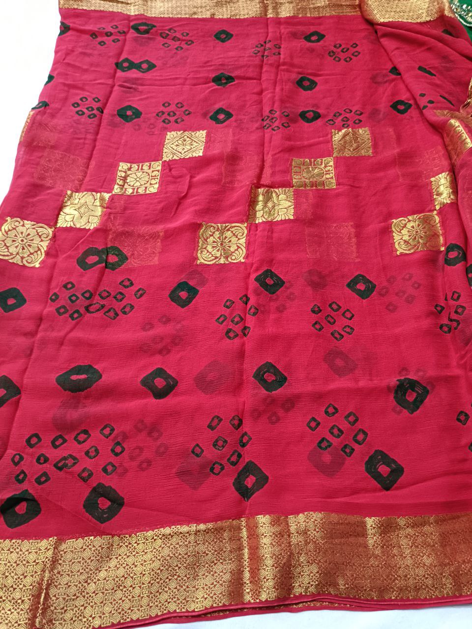 Pure chiffon saree Banarasi and bandhani Hand dyed bandhani With zari weaving banarasi border and work