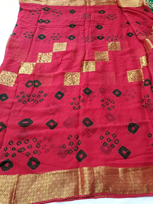 Pure chiffon saree Banarasi and bandhani  Hand dyed bandhani  With zari weaving banarasi border and work