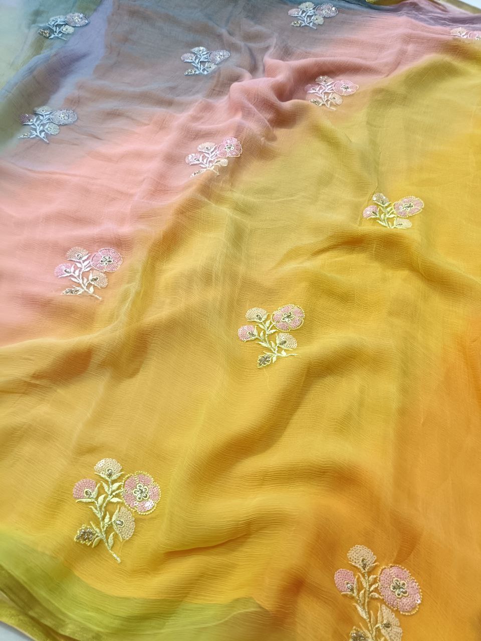 Pure Chiffon Multi-Dye Saree with Thread & Sequin Butties – Lightweight Summer Special Saree