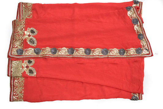 Red Saree with Heavy Leather and Zardoji Work - KANHASAREE
