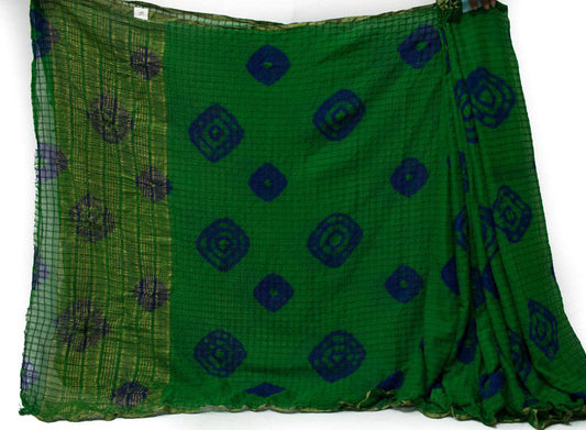 Green Color Silk Batik Print Saree with Zari Border - KANHASAREE