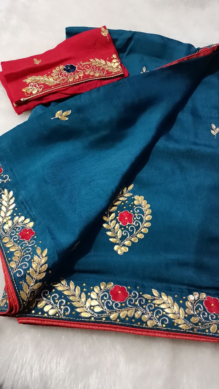 Pure Upada Dola Silk Saree with Gota Patti Handwork and Red Contrast Blouse