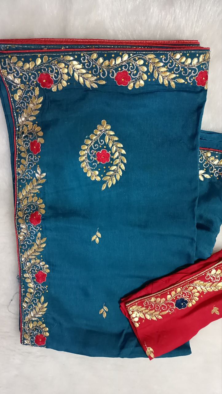 Pure Upada Dola Silk Saree with Gota Patti Handwork and Red Contrast Blouse