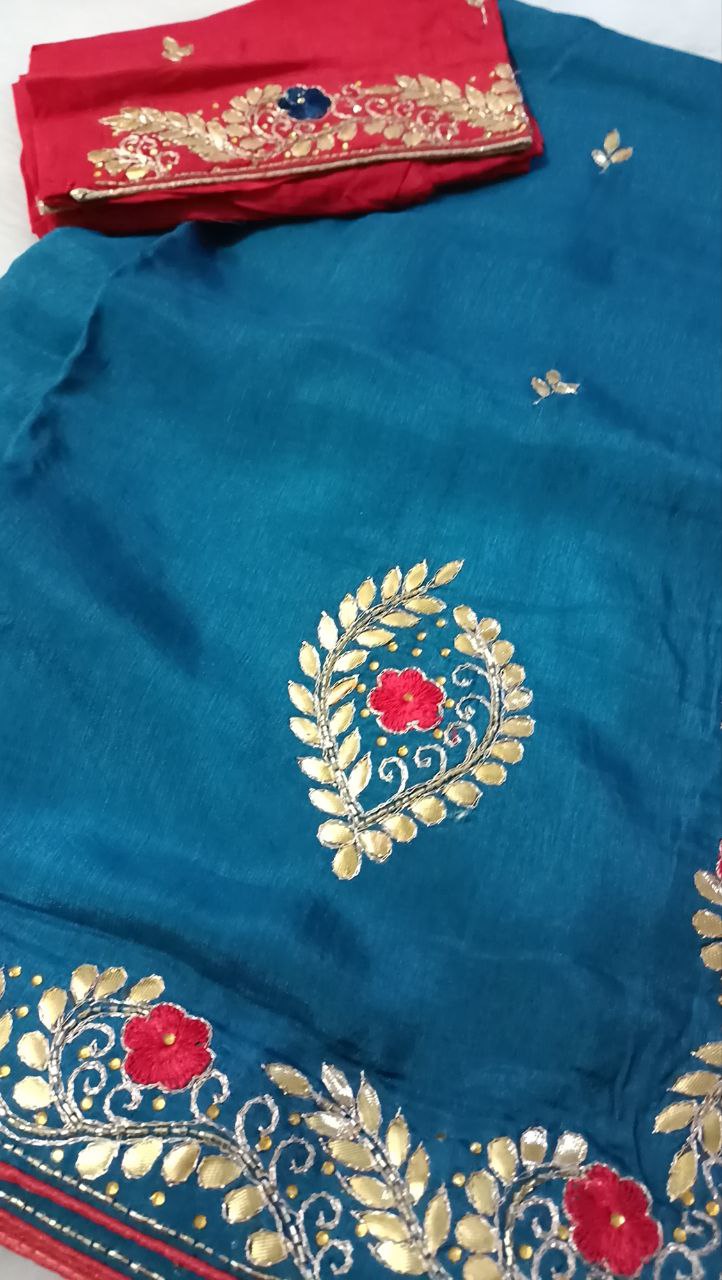 Pure Upada Dola Silk Saree with Gota Patti Handwork and Red Contrast Blouse
