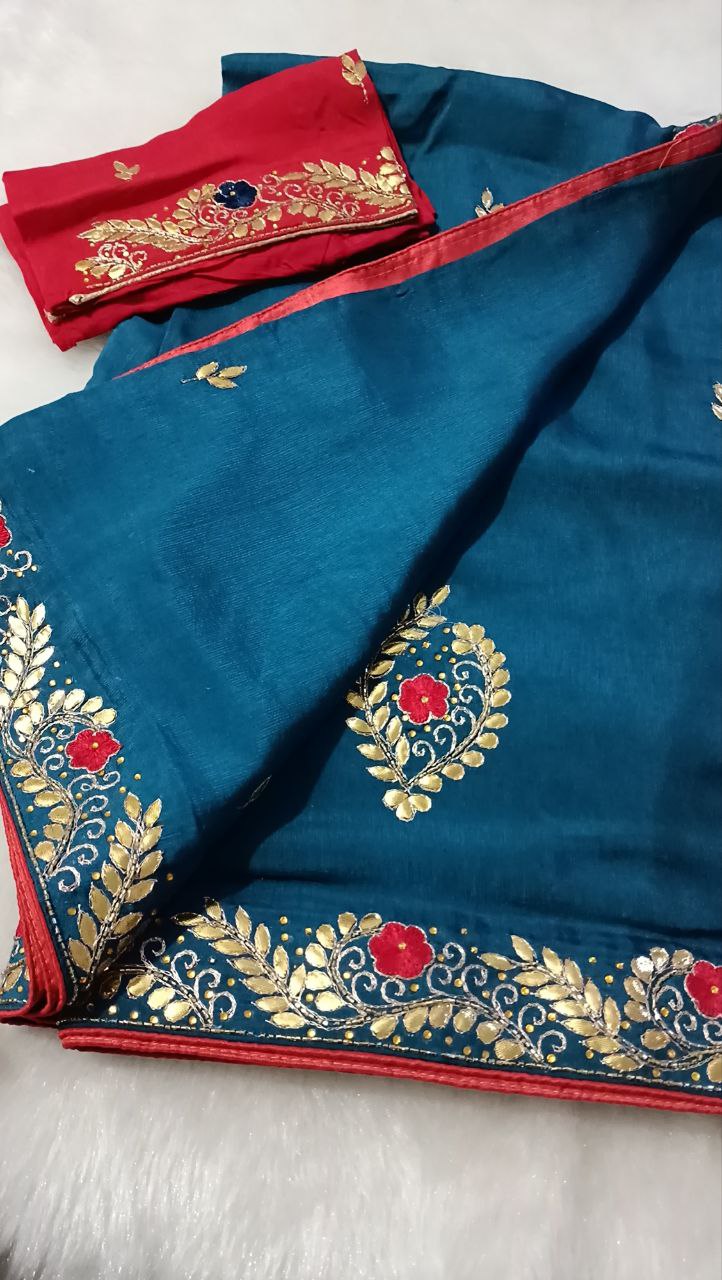Pure Upada Dola Silk Saree with Gota Patti Handwork and Red Contrast Blouse