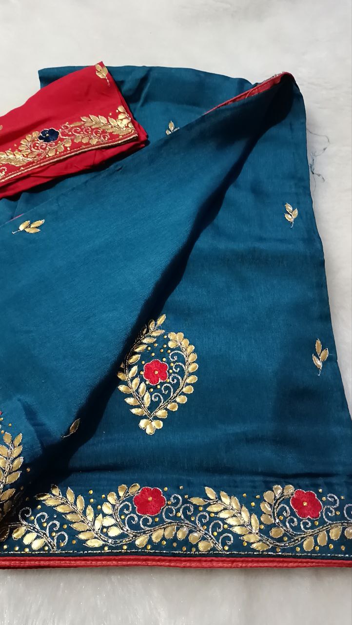 Pure Upada Dola Silk Saree with Gota Patti Handwork and Red Contrast Blouse