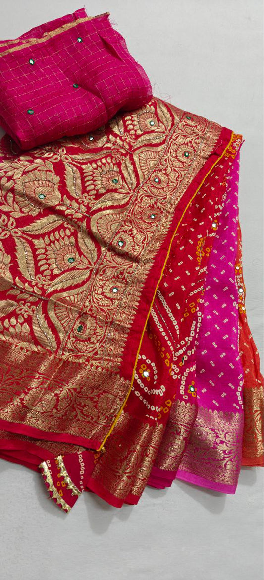 Traditional Rajasthani multicolour bandhej saree with detailed gota patti work