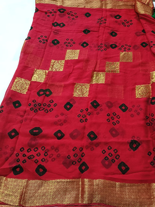 Pure chiffon saree Banarasi and bandhani Hand dyed bandhani With zari weaving banarasi border and work - Kanhasarees by ksds