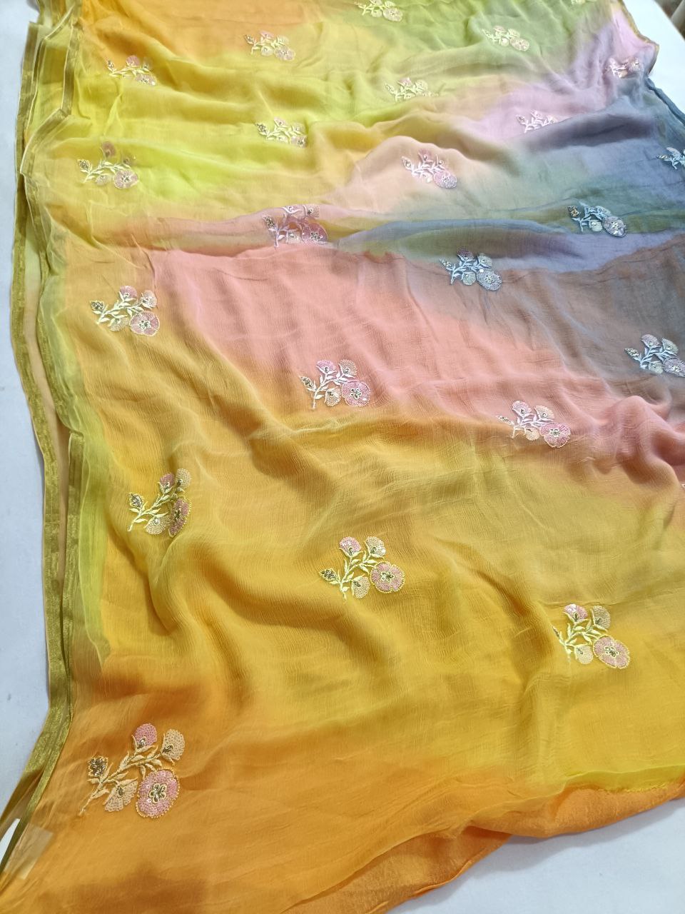 Pure Chiffon Multi-Dye Saree with Thread & Sequin Butties – Lightweight Summer Special Saree