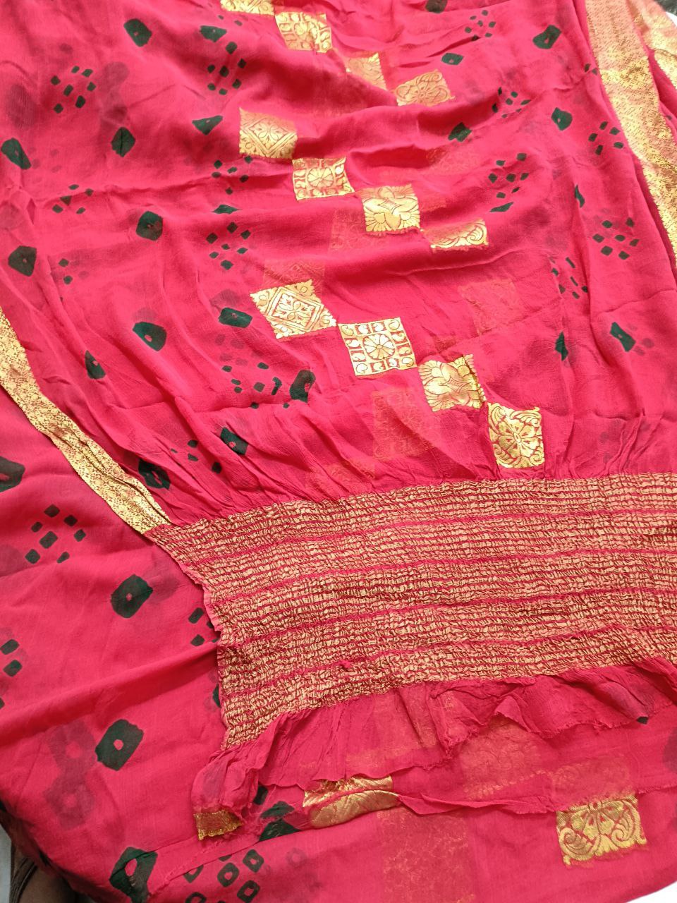 Pure chiffon saree Banarasi and bandhani Hand dyed bandhani With zari weaving banarasi border and work