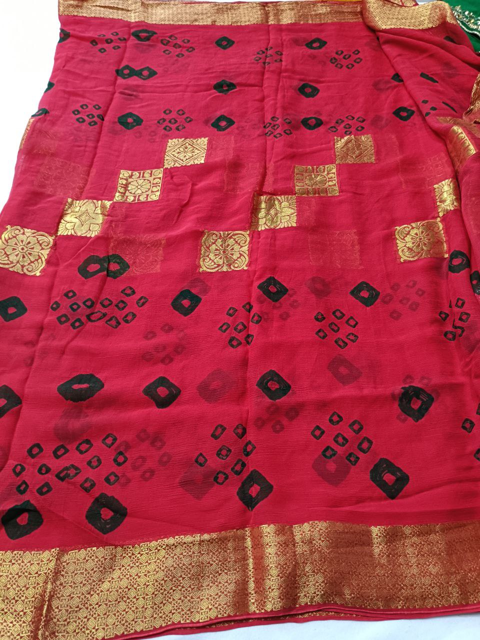 Pure chiffon saree Banarasi and bandhani Hand dyed bandhani With zari weaving banarasi border and work