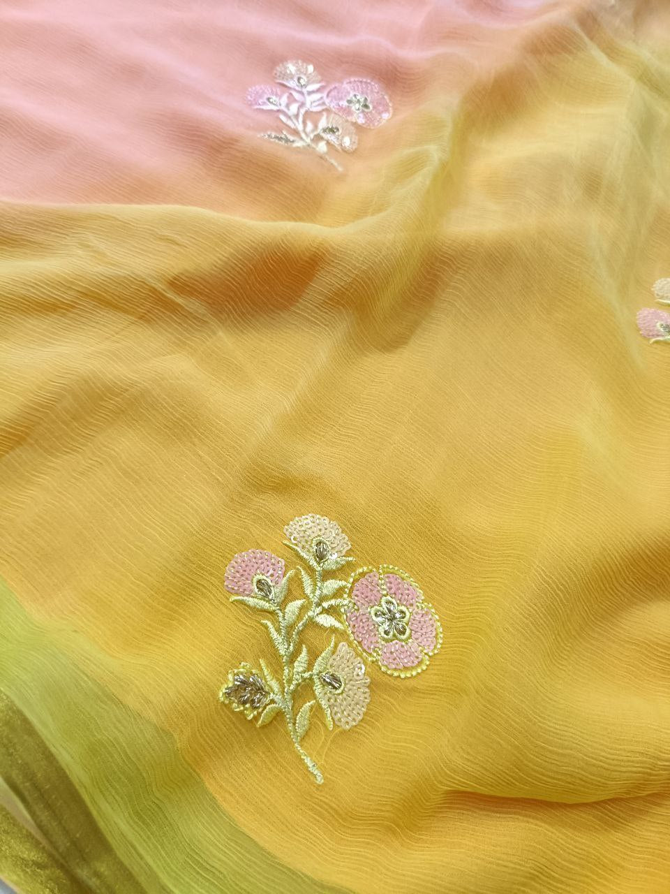 Pure Chiffon Multi-Dye Saree with Thread & Sequin Butties – Lightweight Summer Special Saree