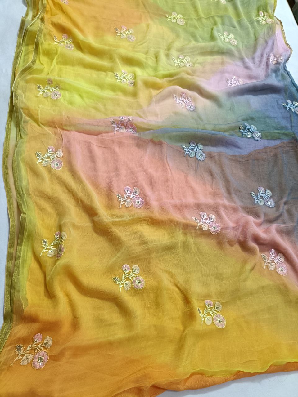 Pure Chiffon Multi-Dye Saree with Thread & Sequin Butties – Lightweight Summer Special Saree