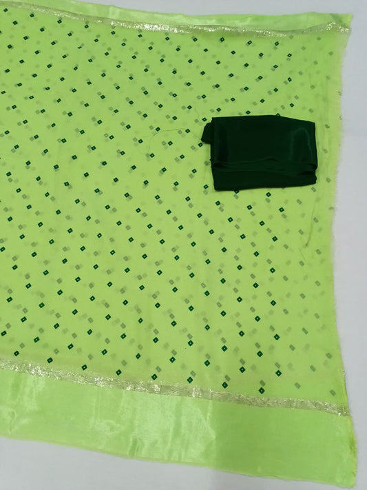Pure Georgette Bandhani Print Saree with Satin Border & Contrast Green Blouse - Kanhasarees by ksds