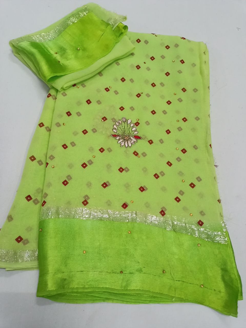 Pure Georgette Bandhani Saree with Gotapatti & Kardhana Handwork | Satin Border Designer Saree