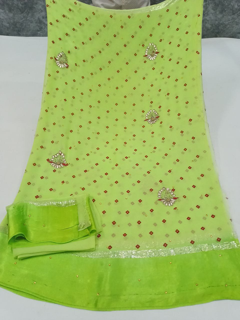 Pure Georgette Bandhani Saree with Gotapatti & Kardhana Handwork | Satin Border Designer Saree