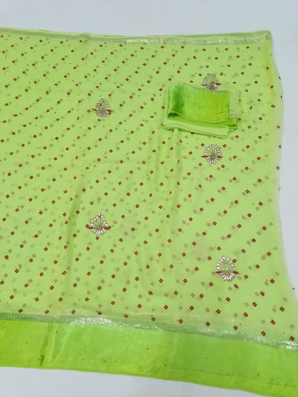 Pure Georgette Bandhani Saree with Gotapatti & Kardhana Handwork | Satin Border Designer Saree