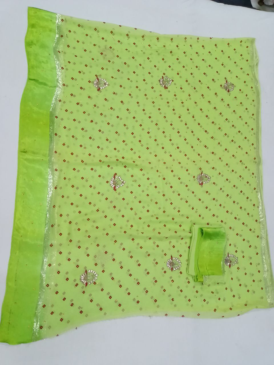 Pure Georgette Bandhani Saree with Gotapatti & Kardhana Handwork | Satin Border Designer Saree