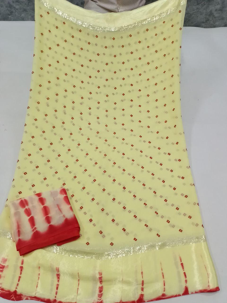 Georgette Bandhani Print Saree with Shibori Satin Border | Designer Saree with Blouse