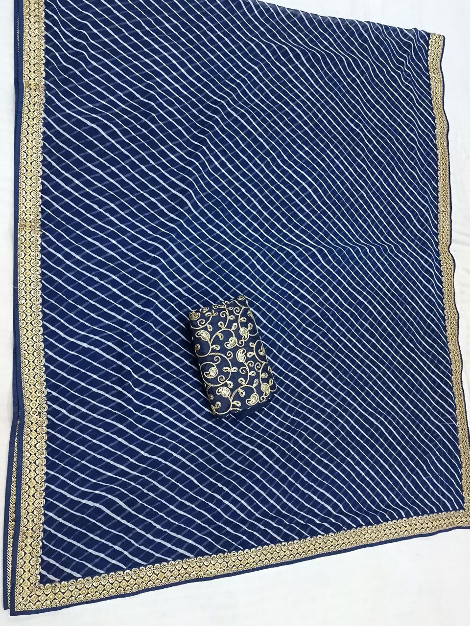 Blue Laheriya Georgette Saree with Heavy Designer Blouse, Sequence Border, Traditional Look