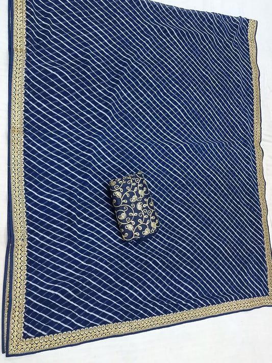 Blue Laheriya Georgette Saree with Heavy Designer Blouse, Sequence Border, Traditional Look - Kanhasarees by ksds