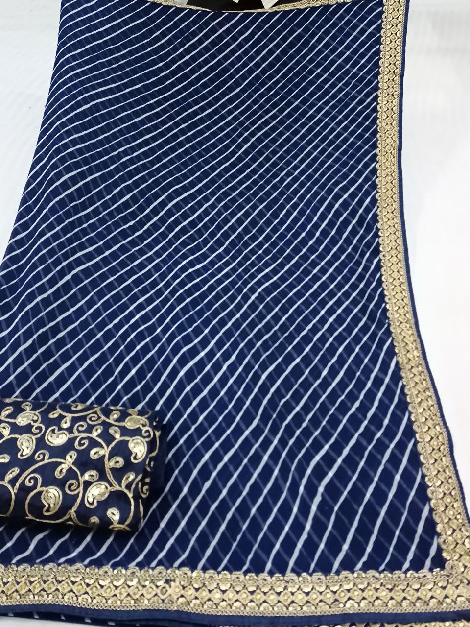 Blue Laheriya Georgette Saree with Heavy Designer Blouse, Sequence Border, Traditional Look