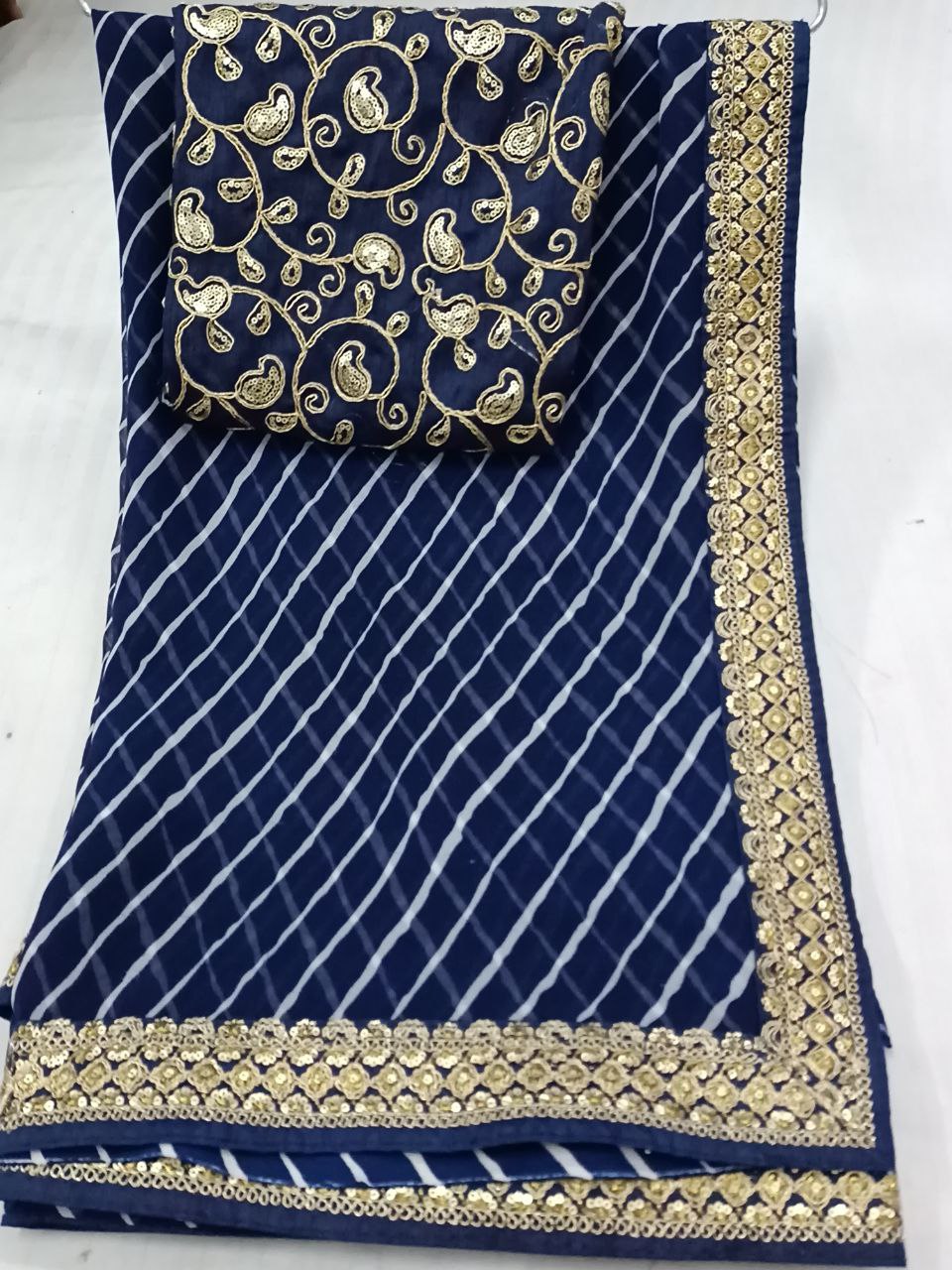Blue Laheriya Georgette Saree with Heavy Designer Blouse, Sequence Border, Traditional Look