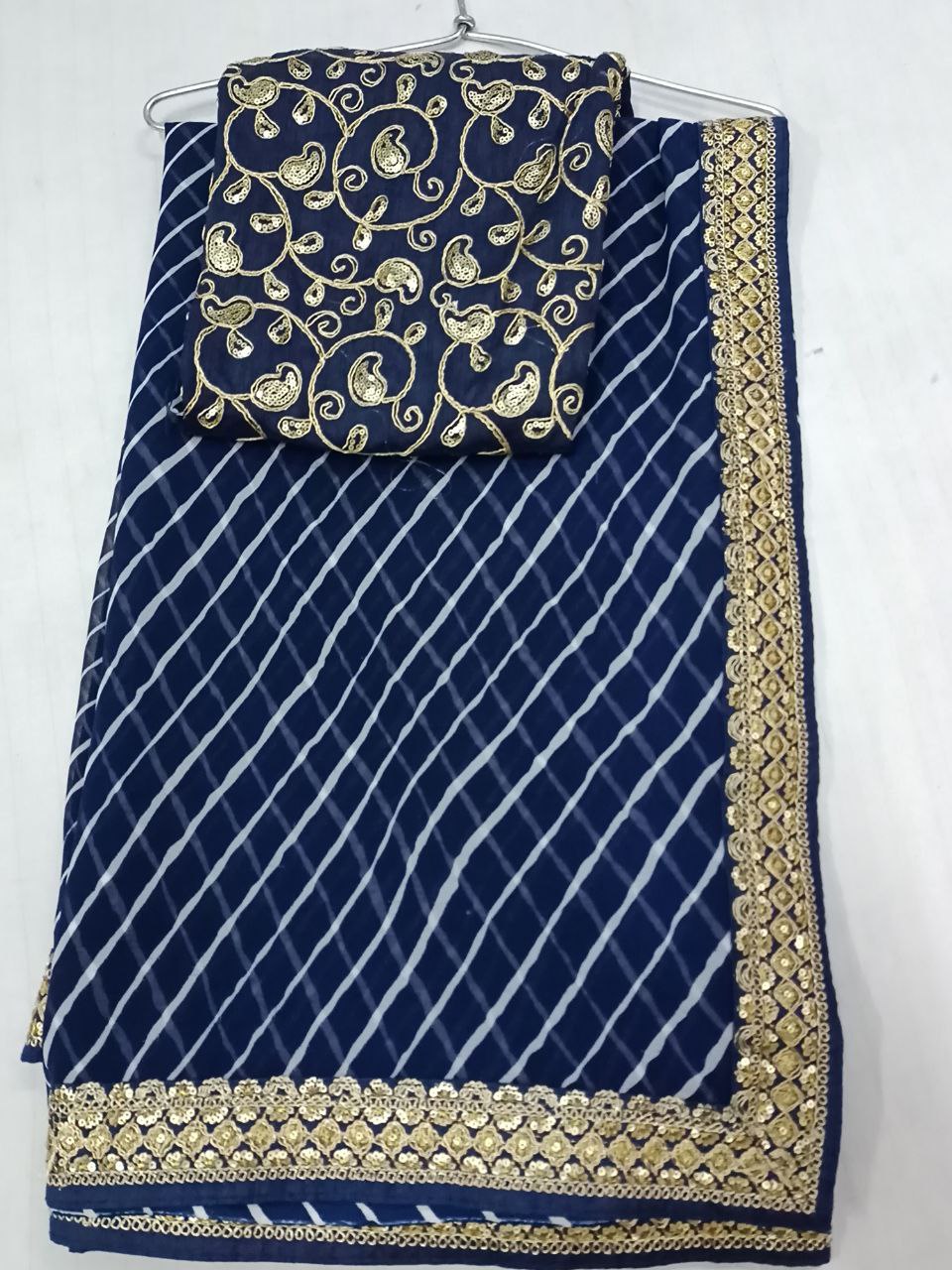 Blue Laheriya Georgette Saree with Heavy Designer Blouse, Sequence Border, Traditional Look