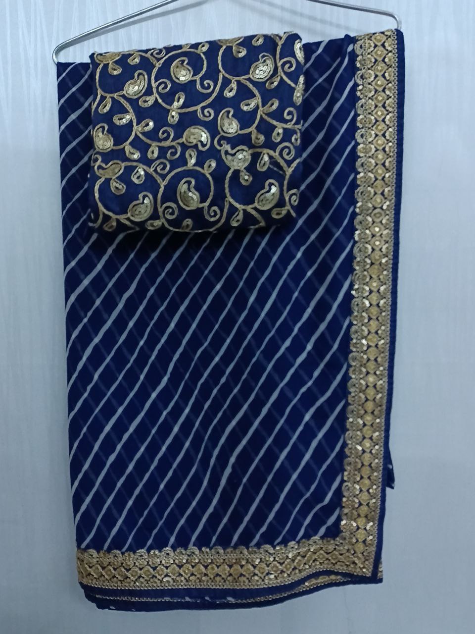Blue Laheriya Georgette Saree with Heavy Designer Blouse, Sequence Border, Traditional Look