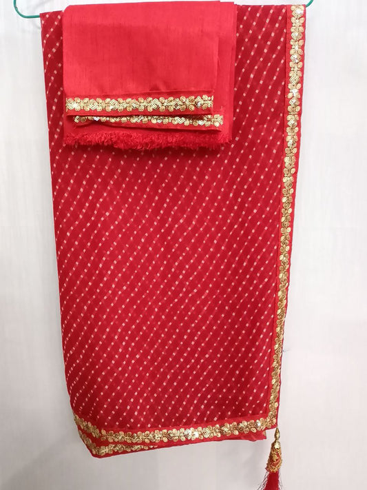 Red Georgette Mothra Saree with Sequence Border, Plain Blouse with Sequence Detailing - Kanhasarees by ksds