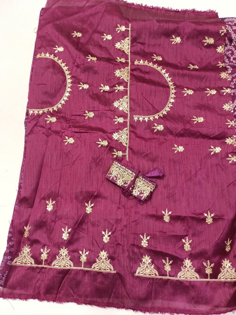 Soft Silk Bandhani Print Saree with Sequin Border & Heavy Work Blouse with Belt