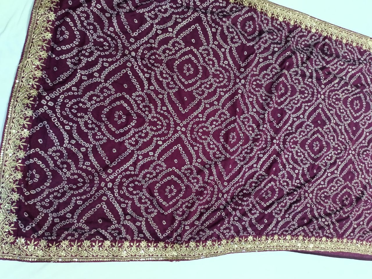 Soft Silk Bandhani Print Saree with Sequin Border & Heavy Work Blouse with Belt