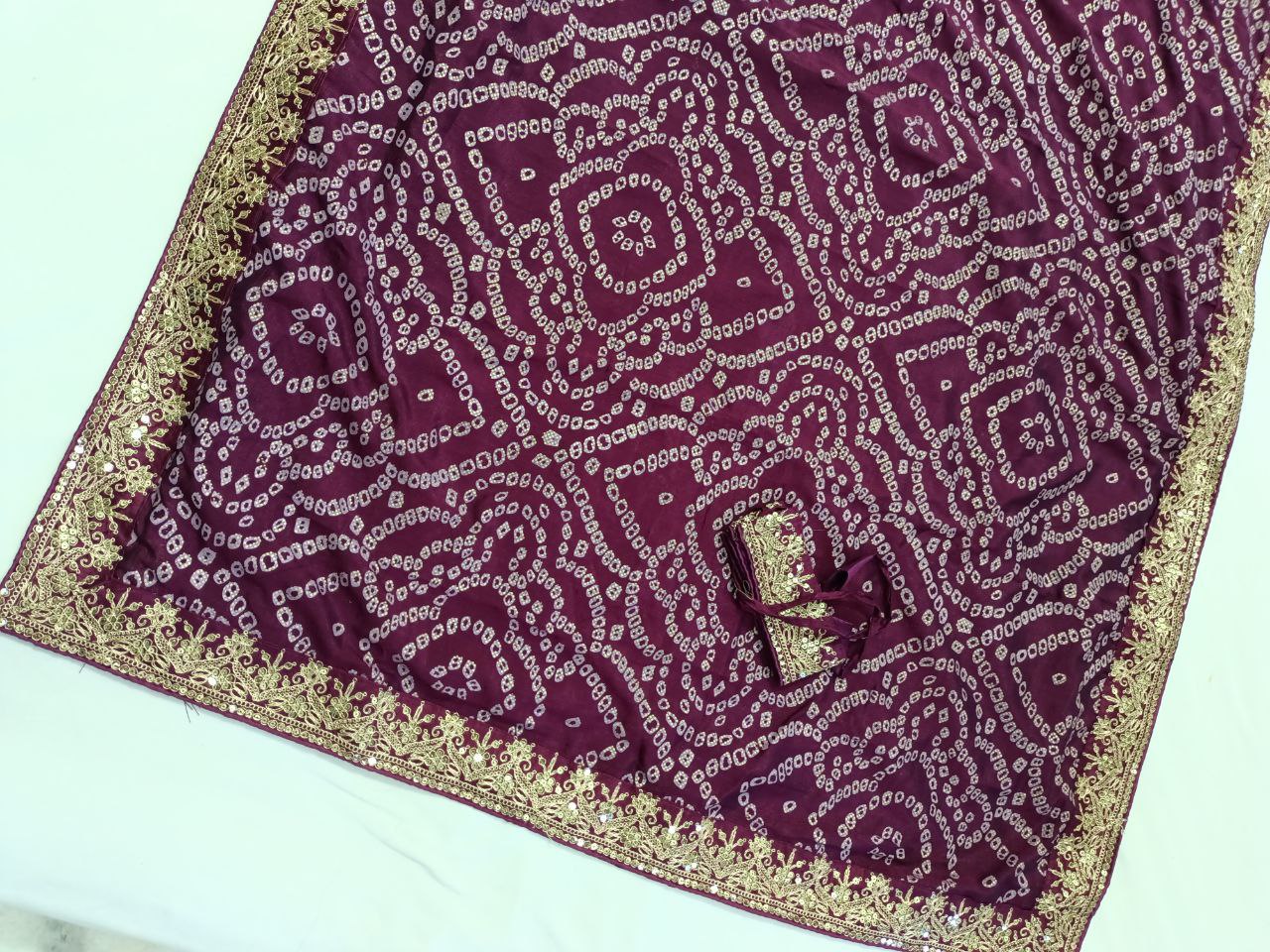 Soft Silk Bandhani Print Saree with Sequin Border & Heavy Work Blouse with Belt