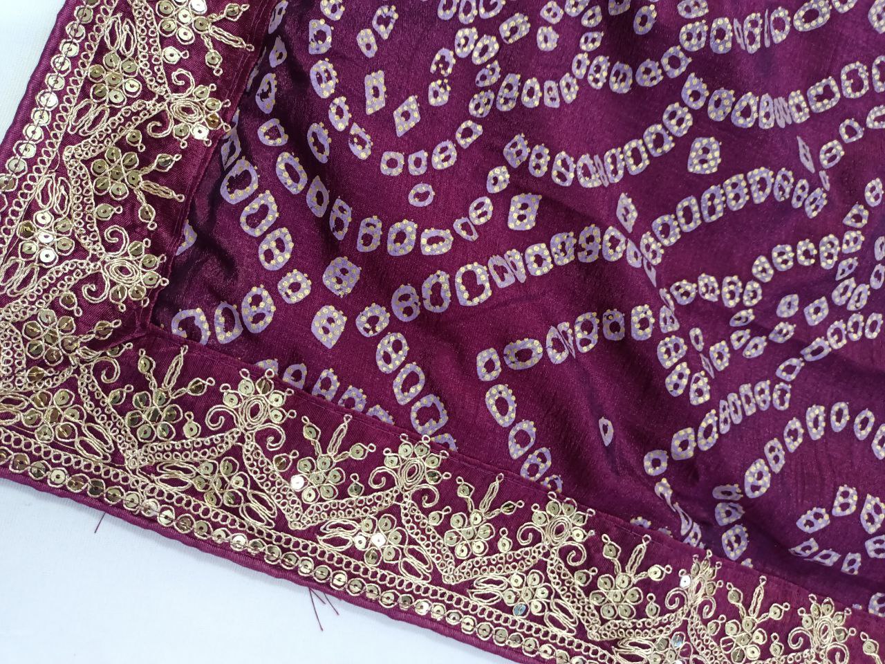 Soft Silk Bandhani Print Saree with Sequin Border & Heavy Work Blouse with Belt