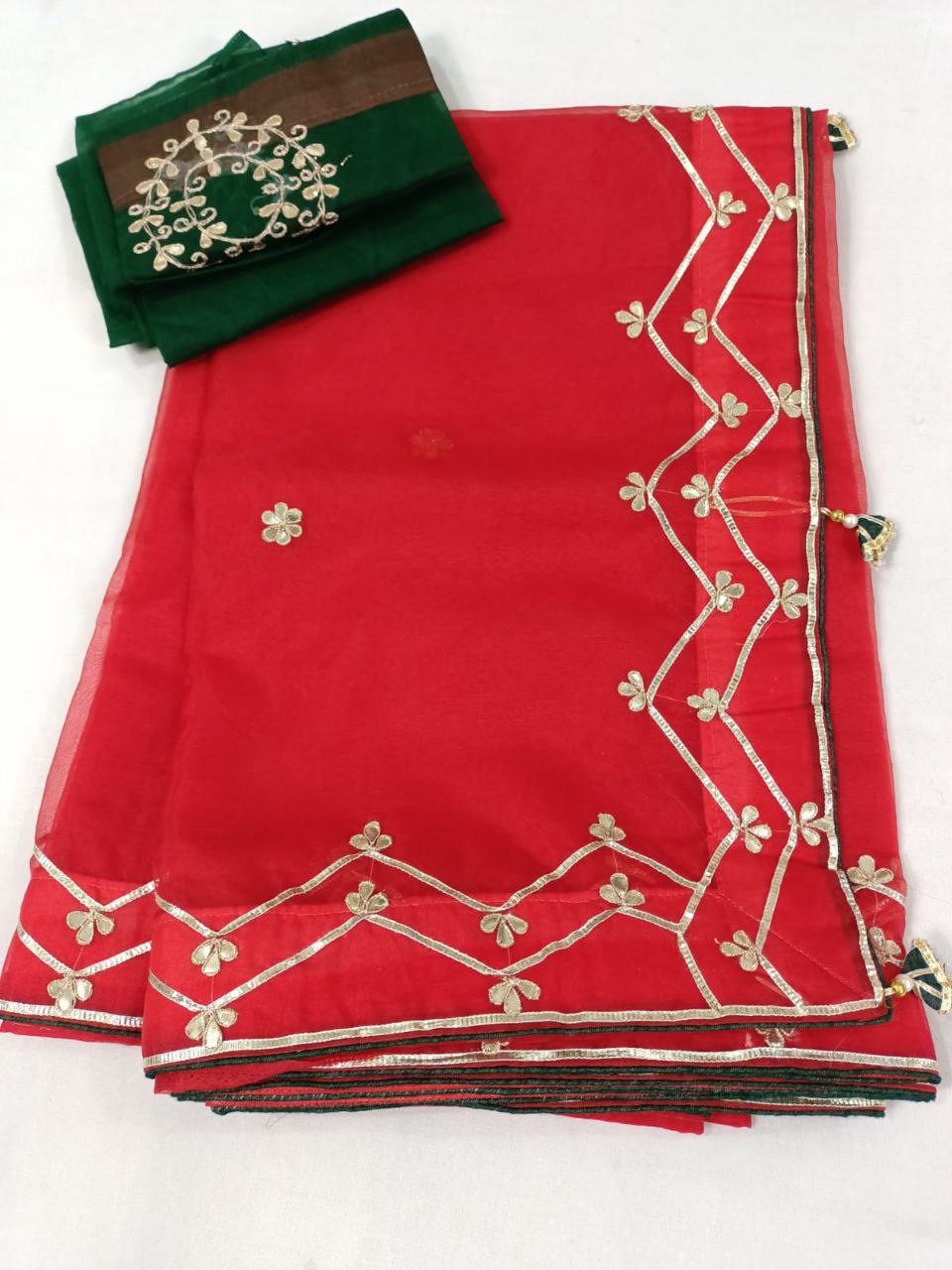 Red Organza Saree with Gota Zigzag Work & Contrast Organza Blouse | Designer Party Wear