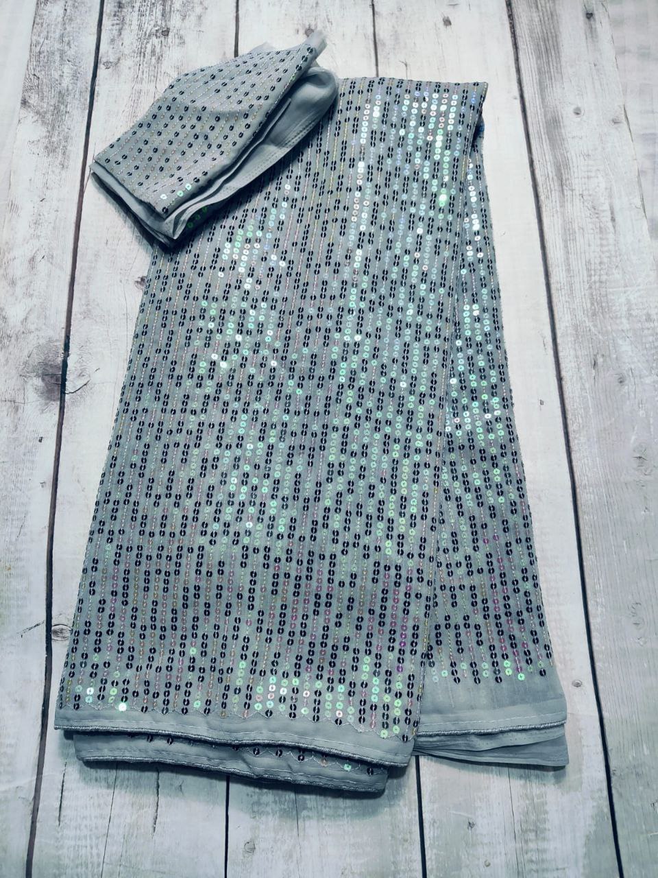 Grey Sequin Work Georgette Fancy Saree | Party Wear Designer Saree