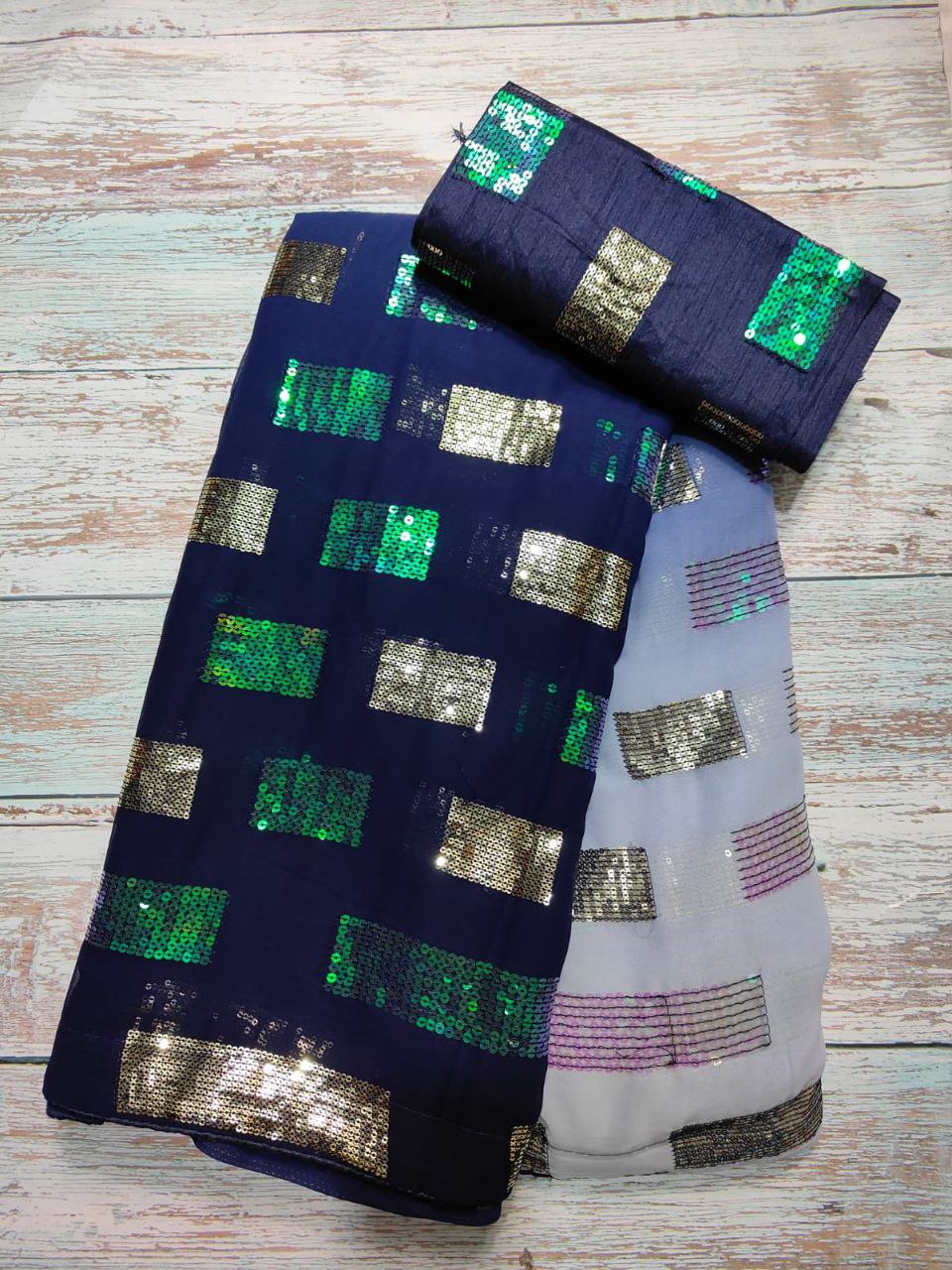 Blue Grey Shading Sequin Saree with Multi-Color Box Work | Party Wear Designer Saree