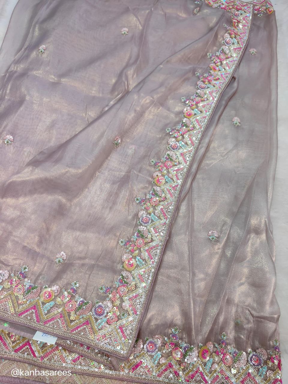 Lavender Pure Soft Tissue Silk Saree with Sequin Thread Handwork | Designer Partywear Saree